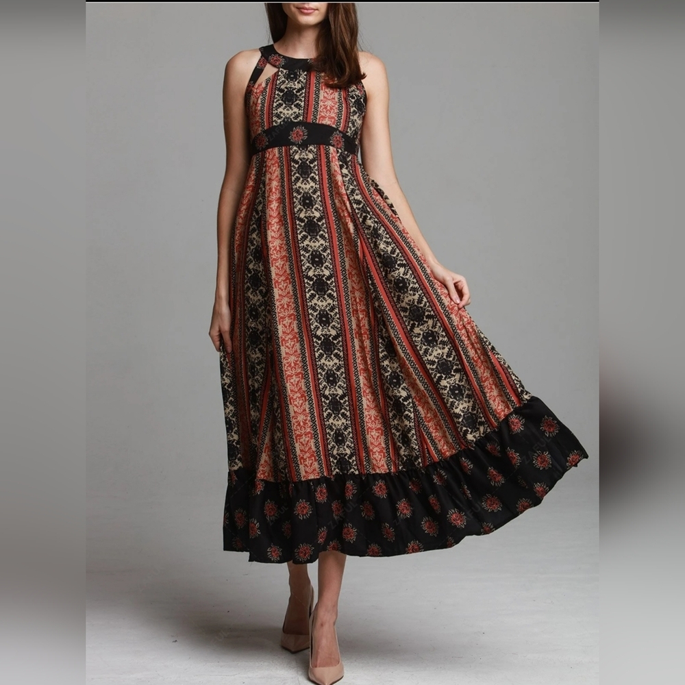 Free People You Made My Day Black Rust Boho Lace Up Back Maxi Dress